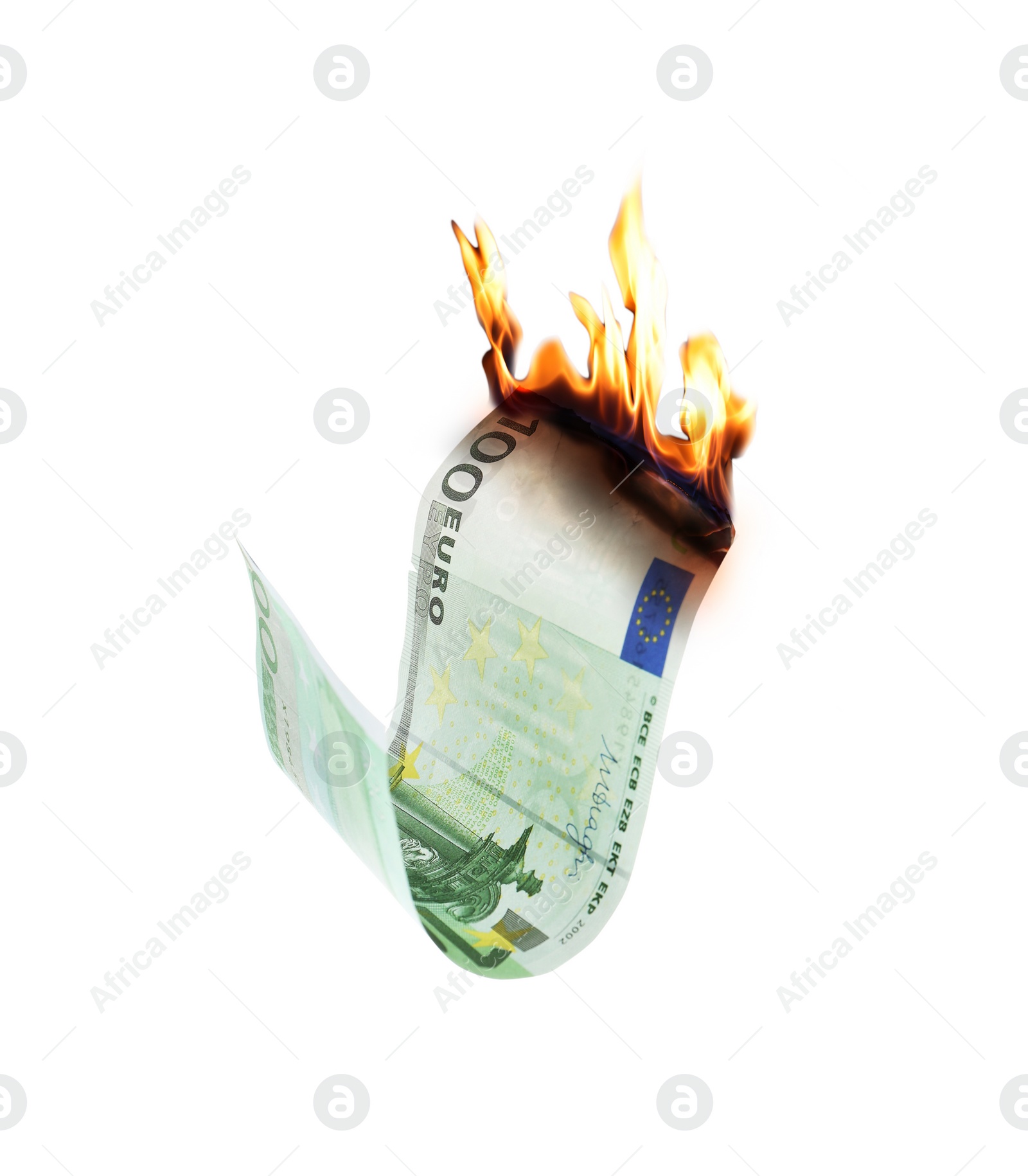 Image of One hundred euro banknote burning on white background