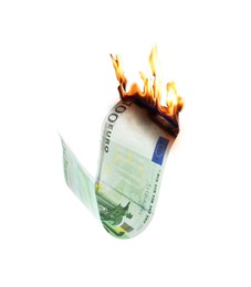 Image of One hundred euro banknote burning on white background