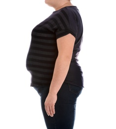 Overweight woman on white background, closeup. Weight loss