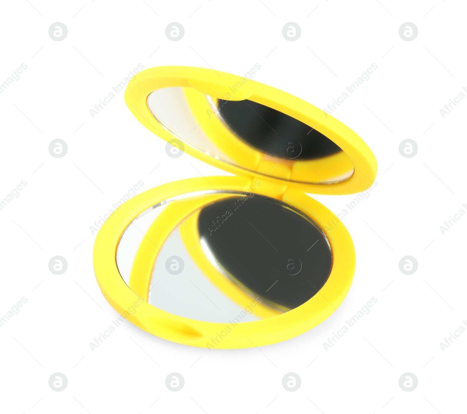 Photo of Yellow cosmetic pocket mirror isolated on white