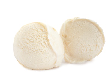 Photo of Cold delicious ice cream balls on white background