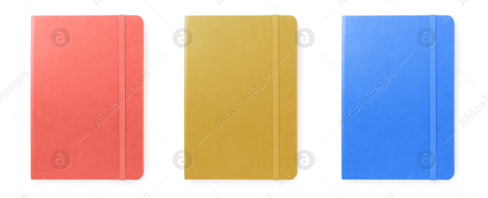 Image of Set with multicolor notebooks on white background, top view. Banner design