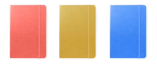 Set with multicolor notebooks on white background, top view. Banner design