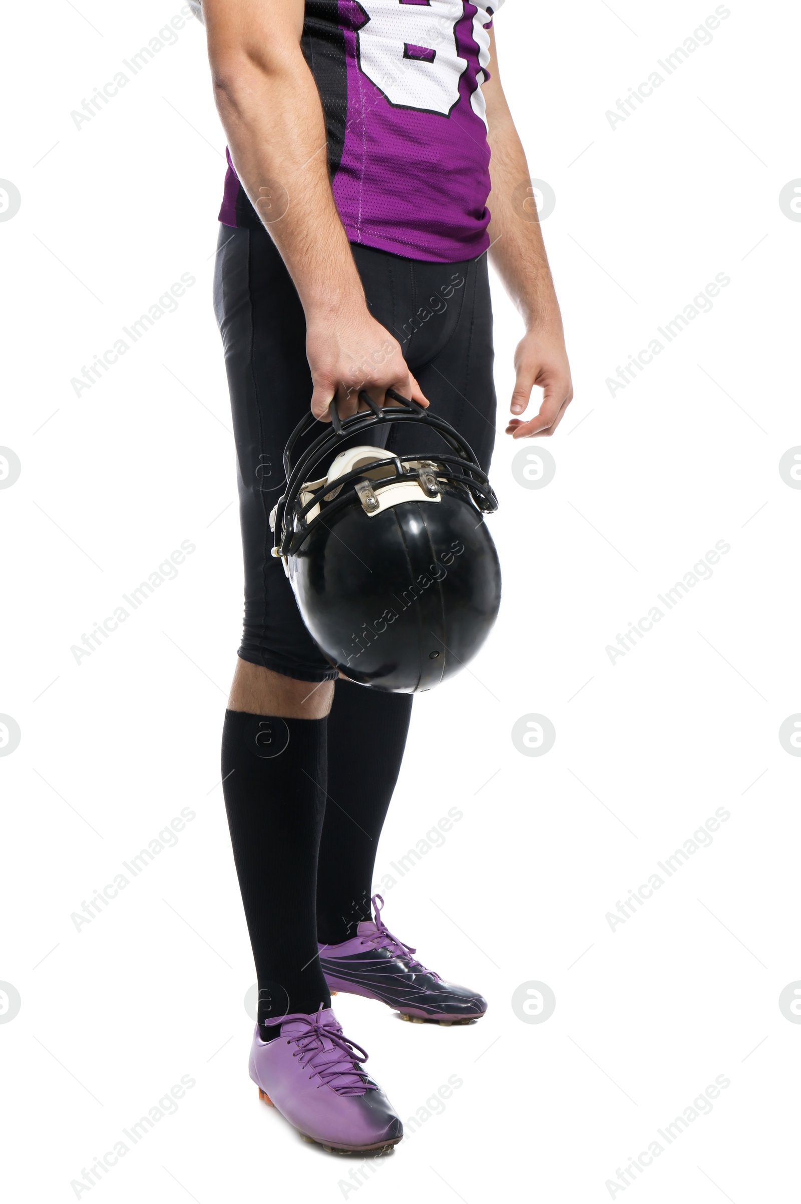 Photo of American football player with helmet wearing uniform on white background, closeup