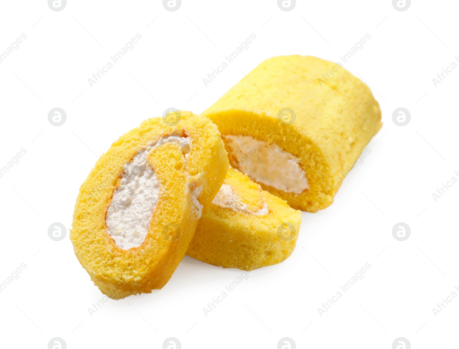 Photo of Delicious cake roll with cream filling isolated on white