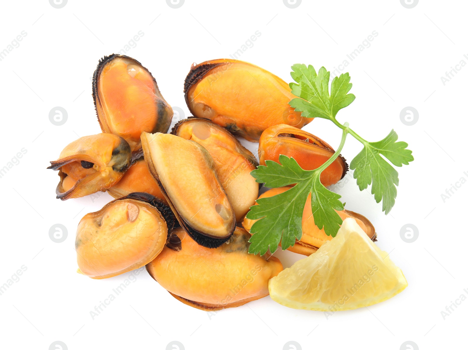 Photo of Delicious cooked mussels with parsley and lemon on white background, top view
