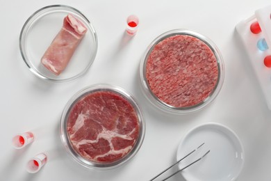 Photo of Samples of cultured meats on white lab table, flat lay