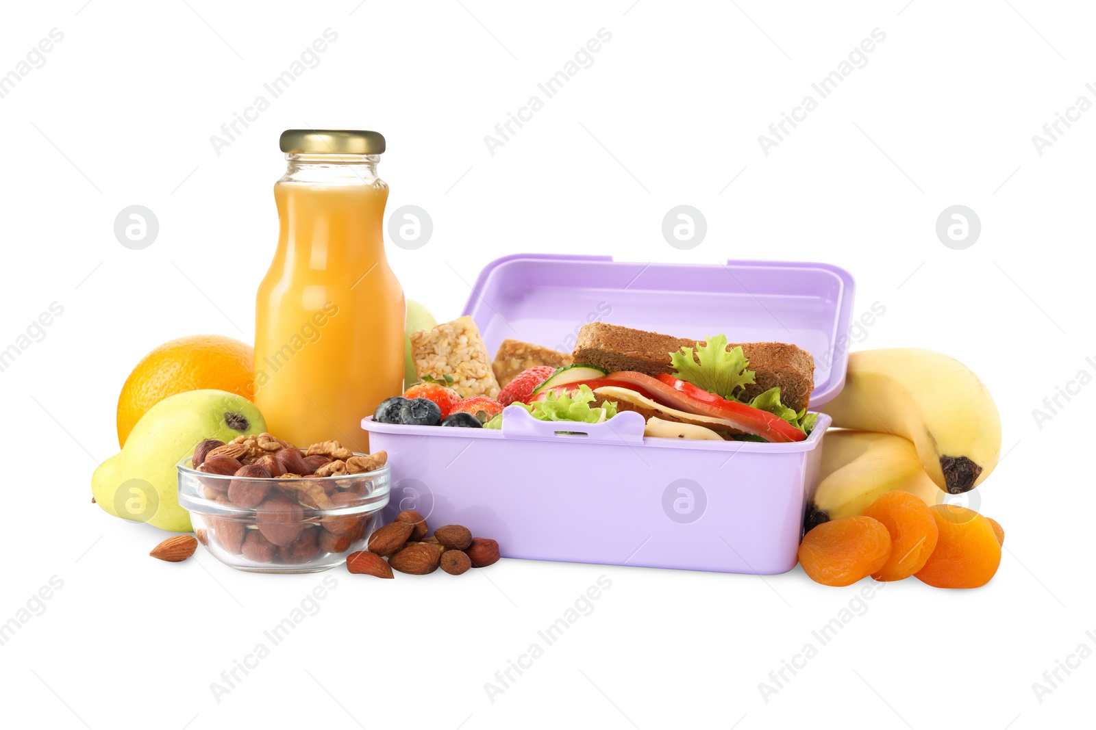 Photo of Lunch box with healthy food for schoolchild isolated on white