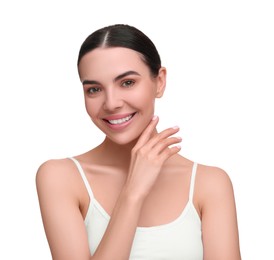 Photo of Beautiful woman with healthy skin on white background. Body Care