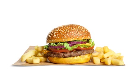 Photo of Burger with delicious patty and french fries isolated on white