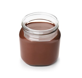 Photo of Glass jar with tasty chocolate cream isolated on white