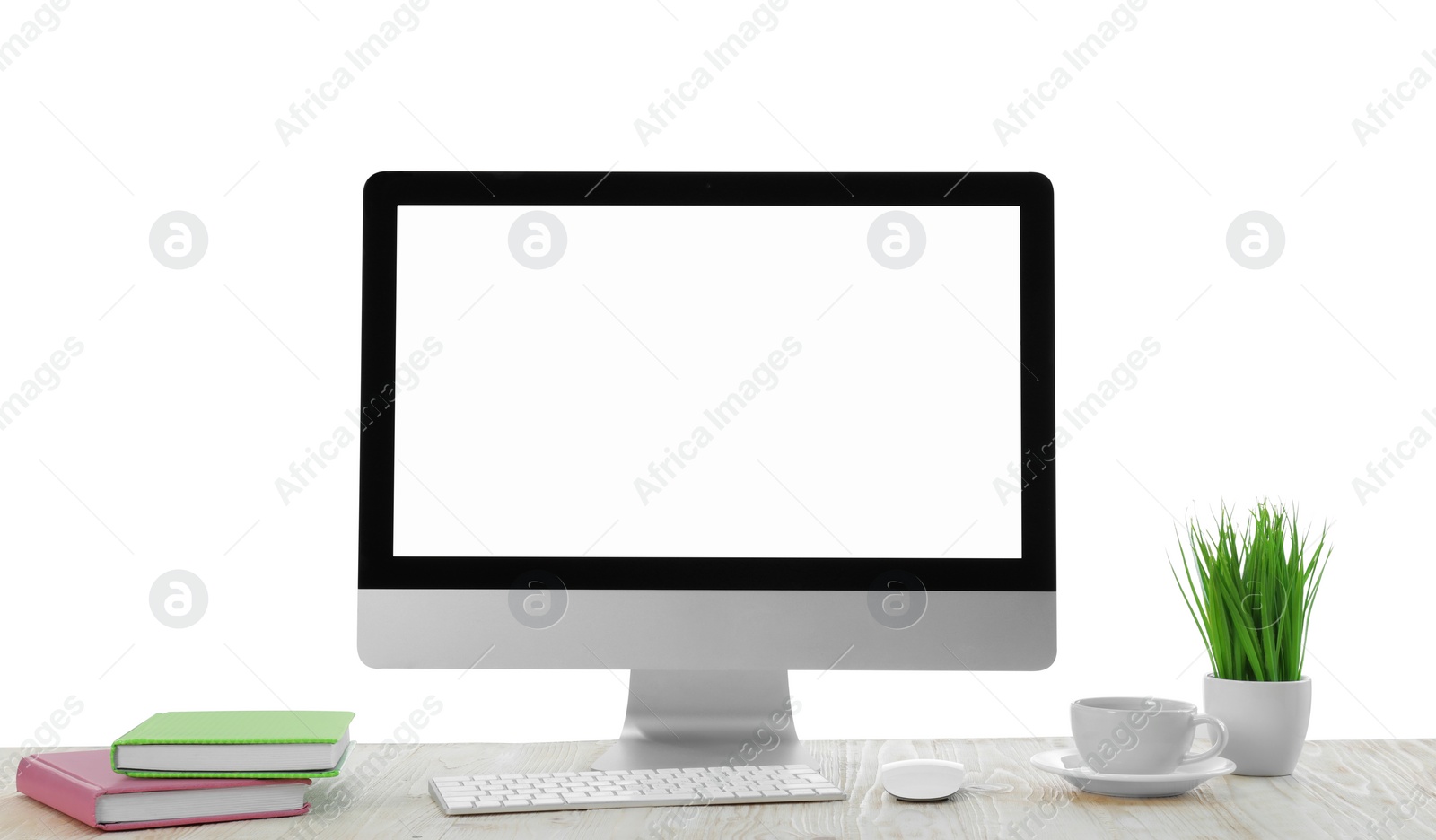 Photo of New computer with blank monitor screen, keyboard and mouse on white background