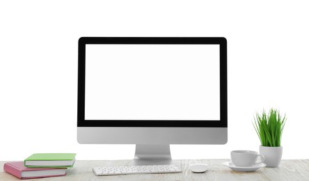Photo of New computer with blank monitor screen, keyboard and mouse on white background