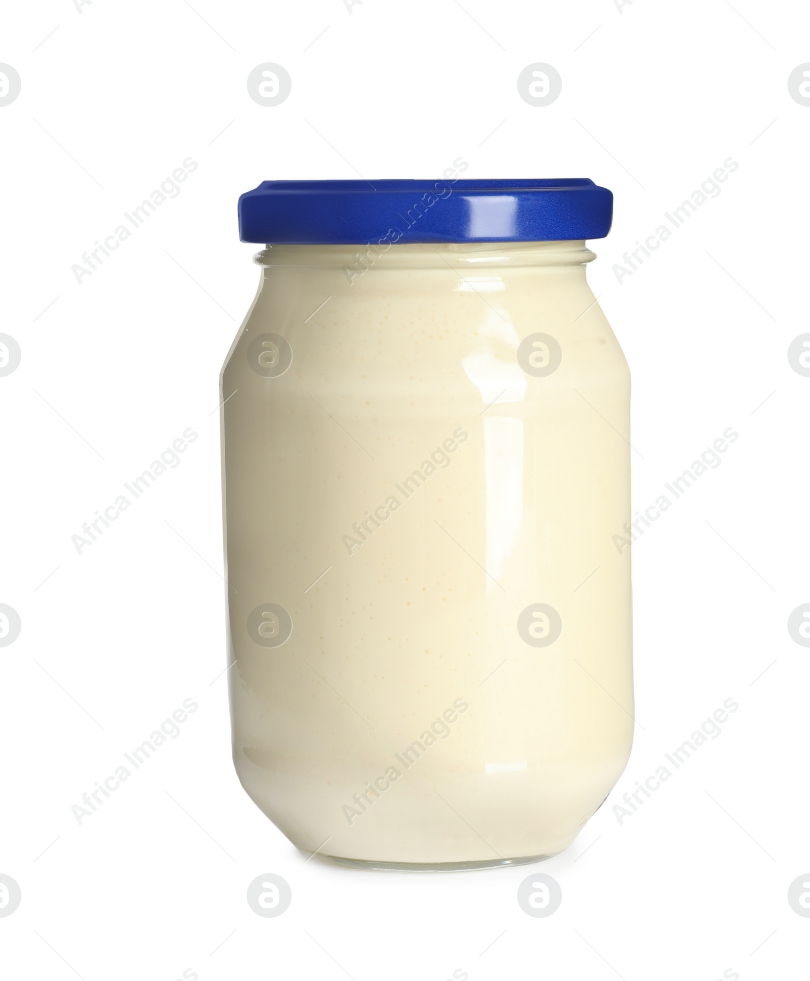 Photo of Delicious mayonnaise sauce in glass jar on white background