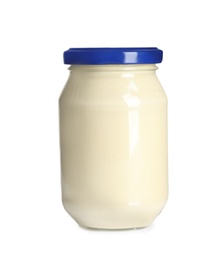 Photo of Delicious mayonnaise sauce in glass jar on white background
