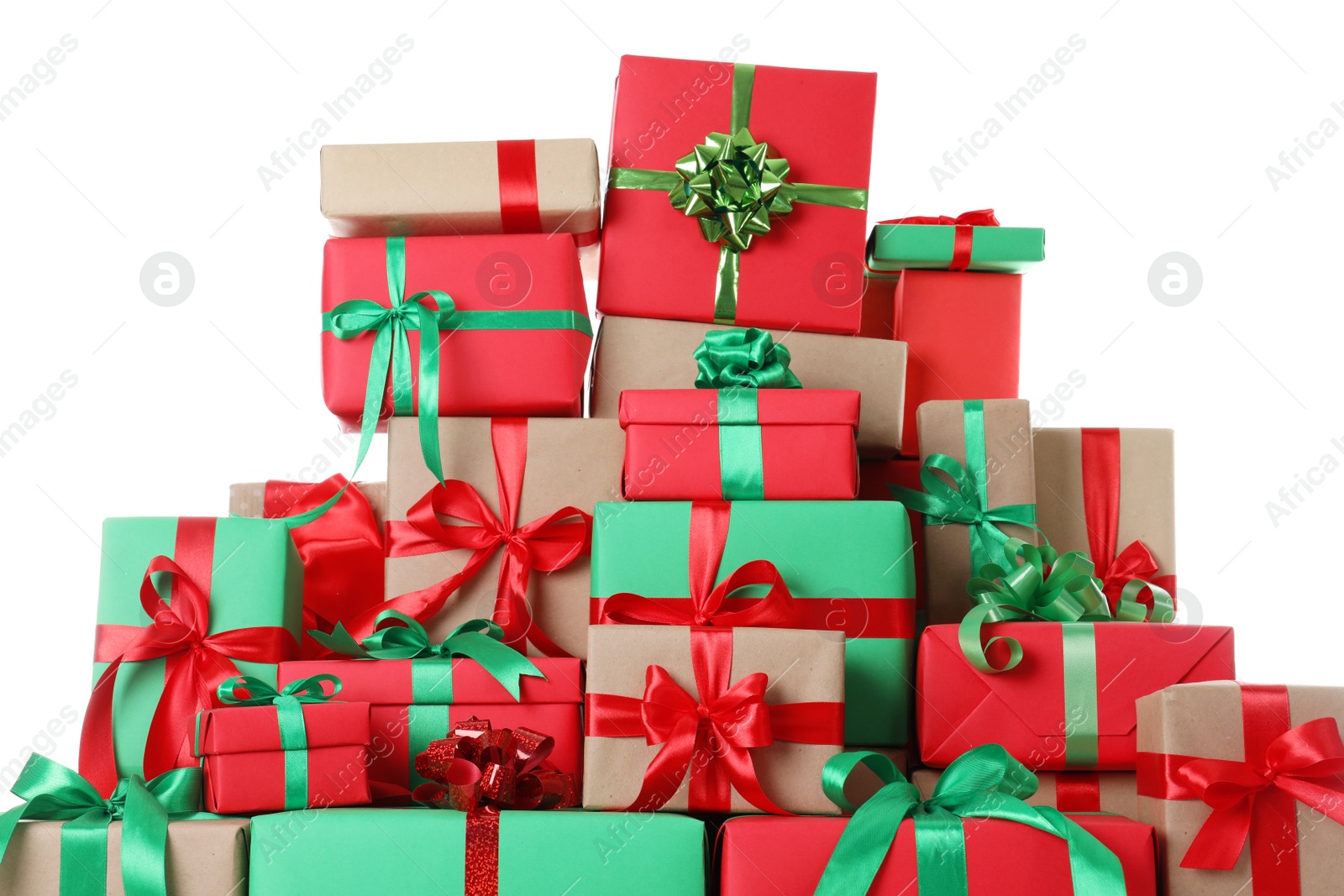 Photo of Many different Christmas gift boxes isolated on white