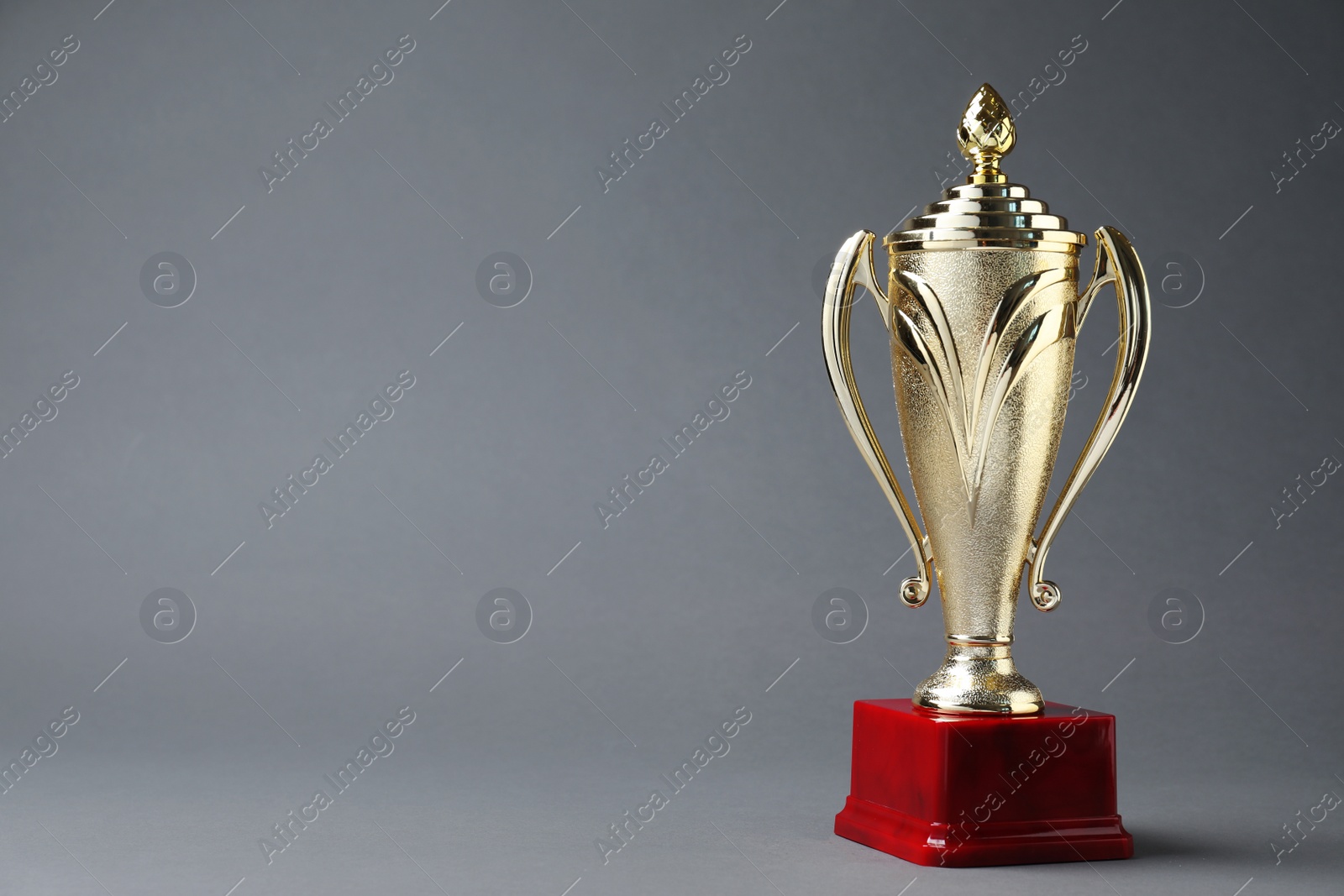 Photo of Golden trophy cup on grey background. Space for text