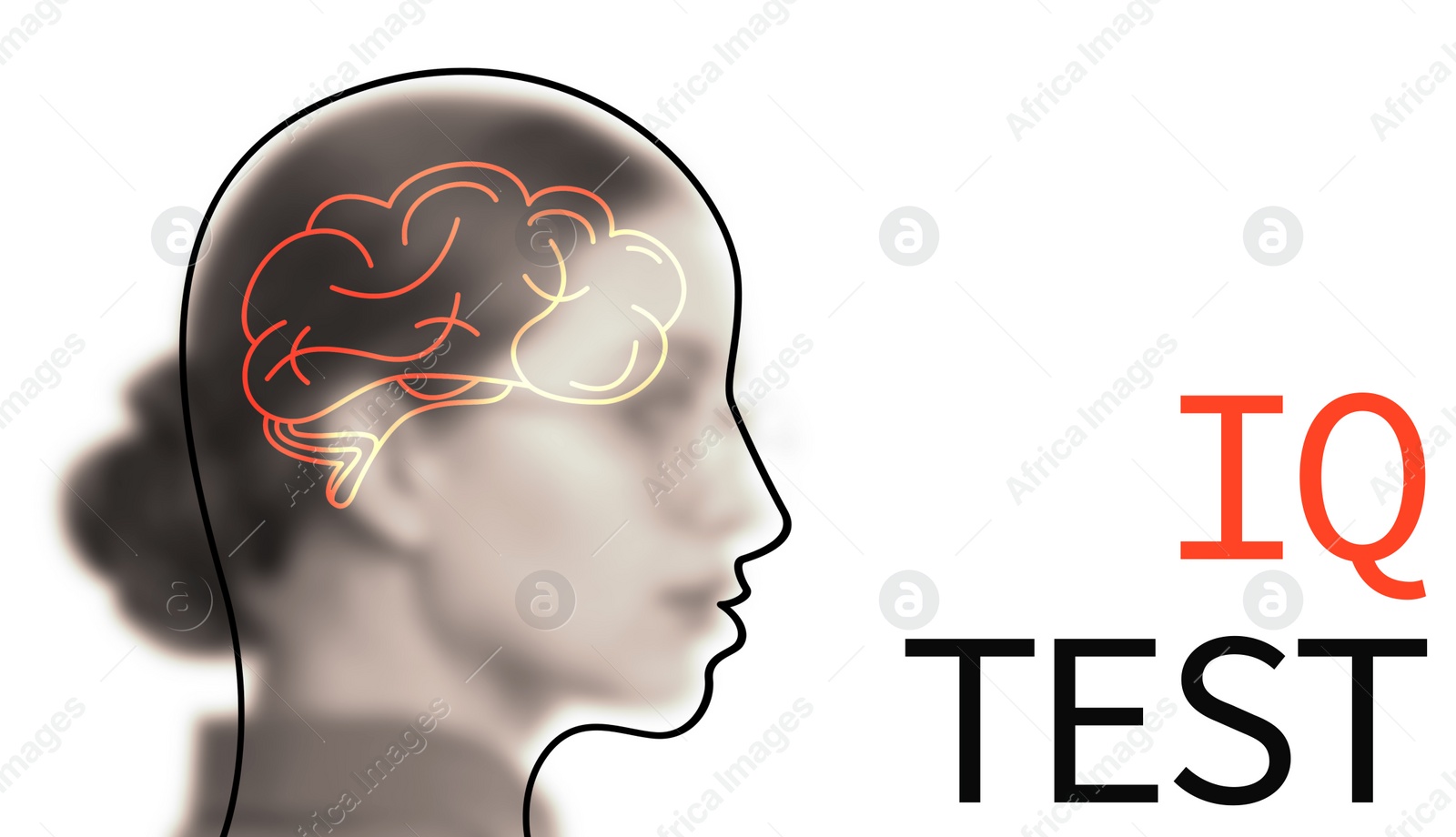 Image of Illustrated head with brain and blurred view of woman on white background. IQ test