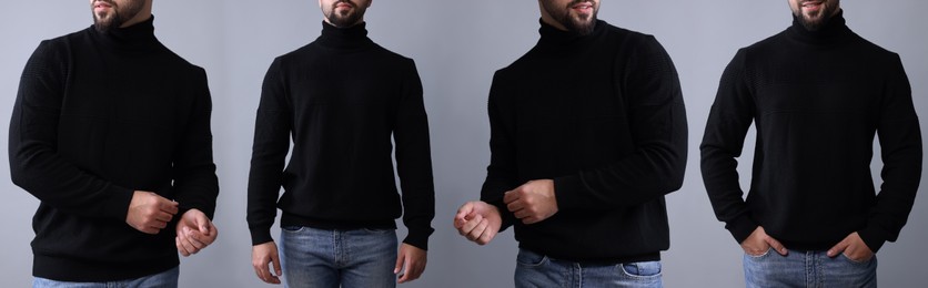 Man in black sweater on light grey background, set of photos