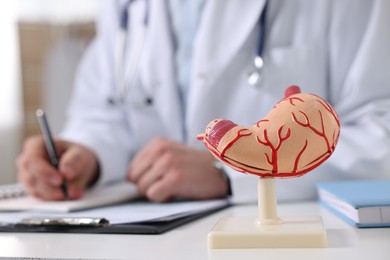 Photo of Gastroenterologist working at table in clinic, focus on human stomach model