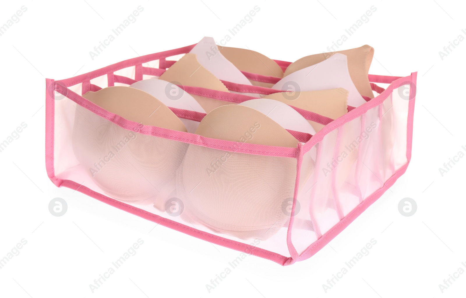 Photo of Transparent organizer with bras isolated on white
