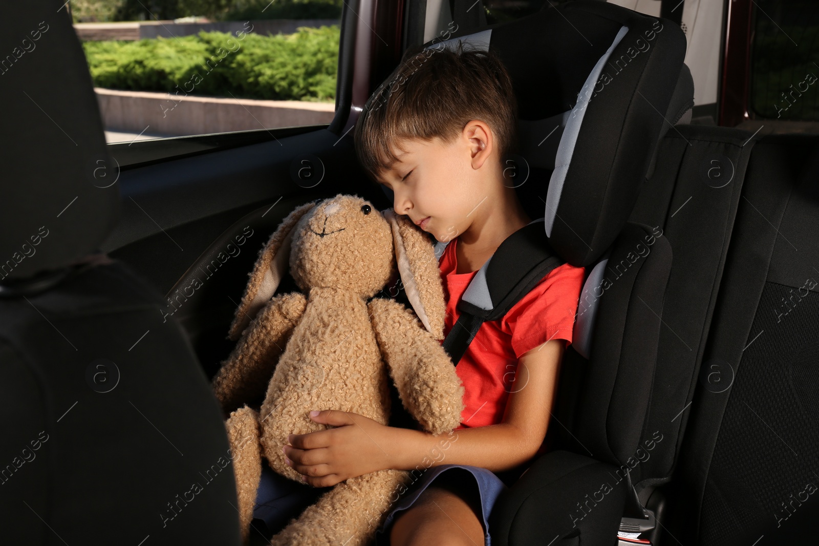 Photo of Little boy fastened with car safety belt in child seat sleeping