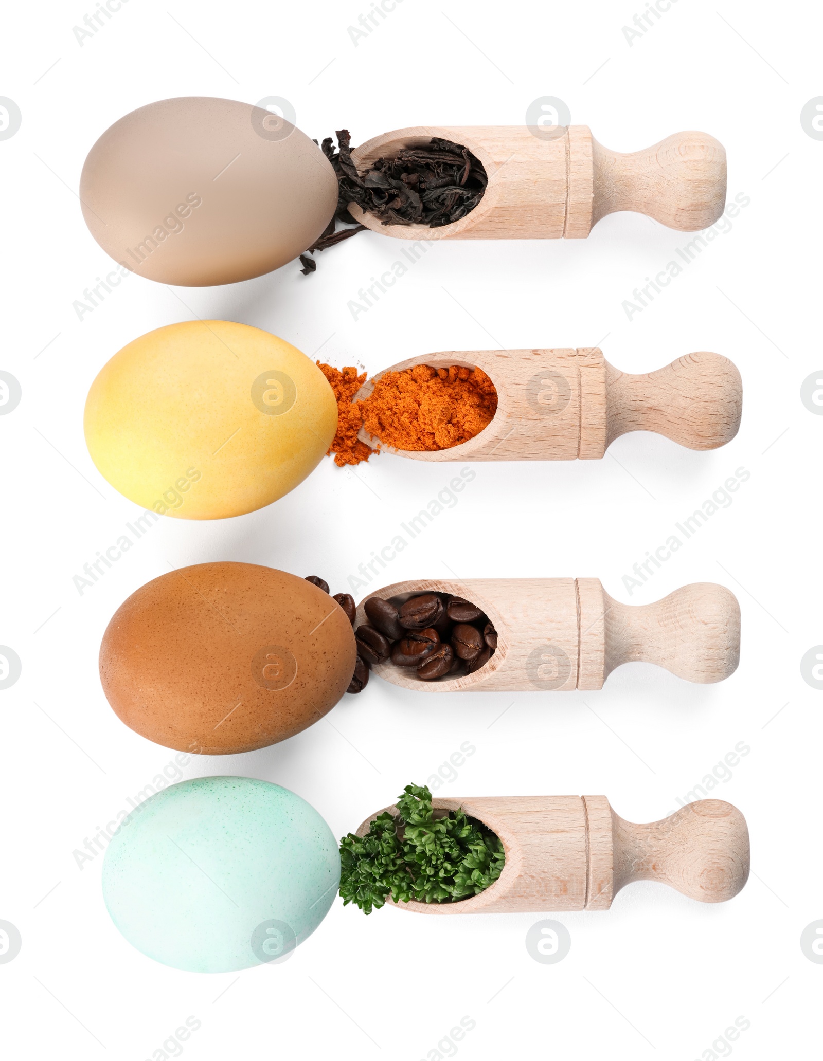 Photo of Naturally painted Easter eggs on white background, top view. Tea, turmeric, coffee beans and parsley used for coloring