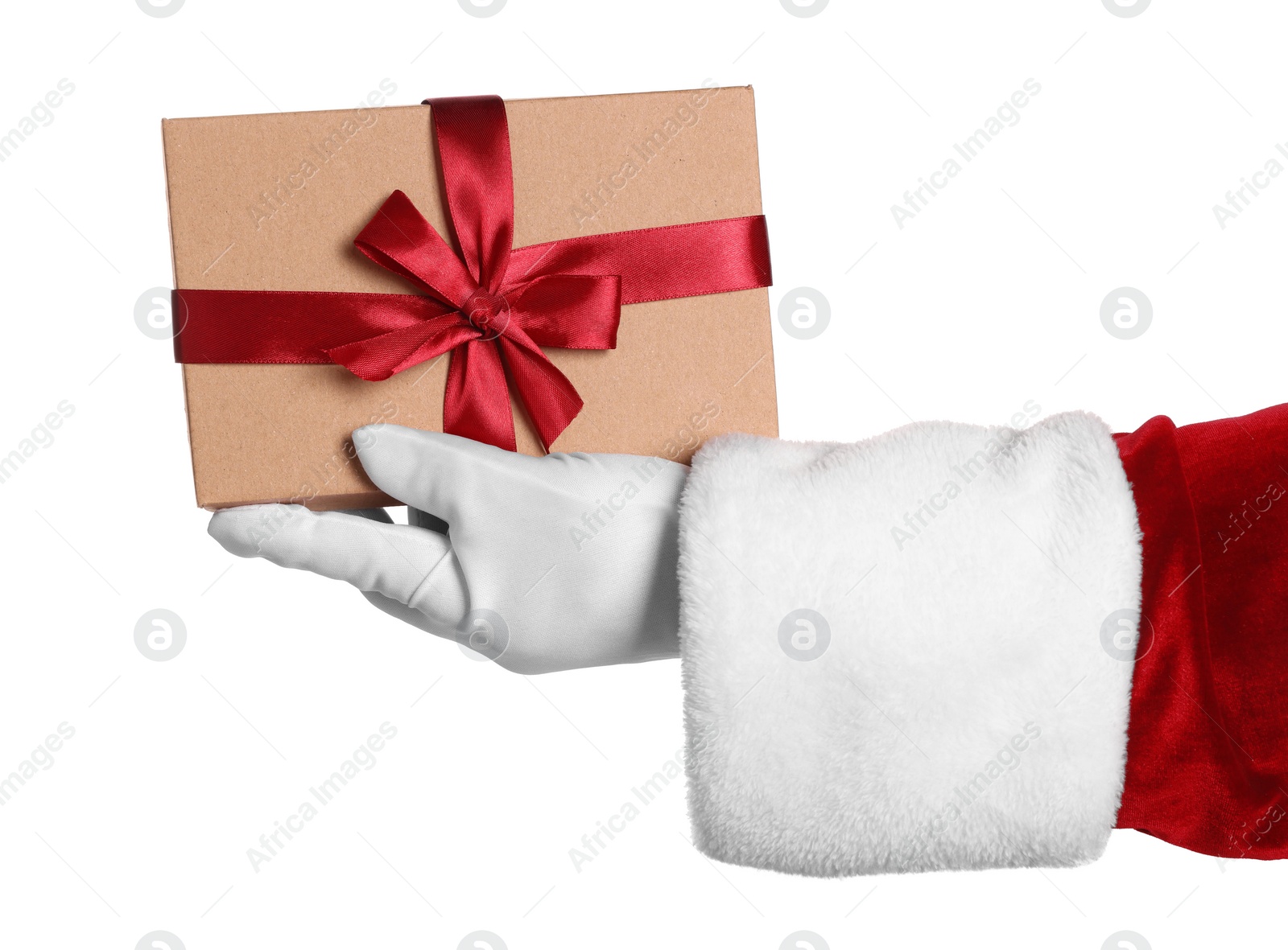 Photo of Merry Christmas. Santa Claus holding gift box on white background, closeup