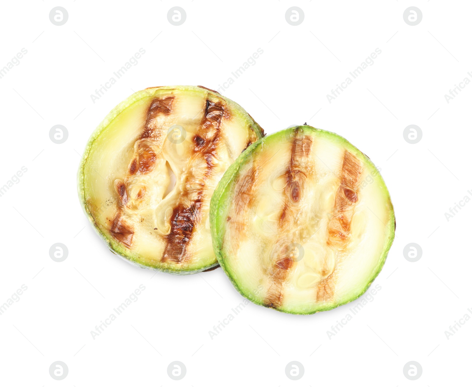 Photo of Delicious grilled zucchini slices on white background, top view