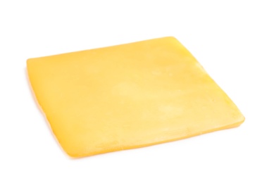 Slice of tasty cheese on white background