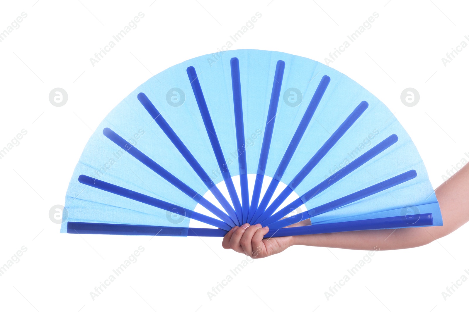 Photo of Woman holding blue hand fan on white background, closeup