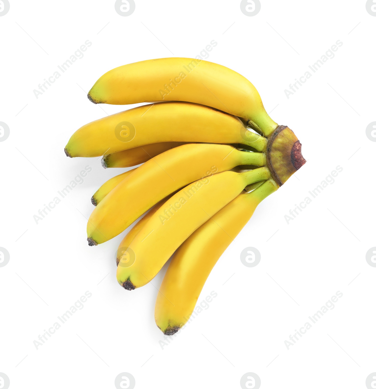 Photo of Bunch of ripe baby bananas on white background, top view