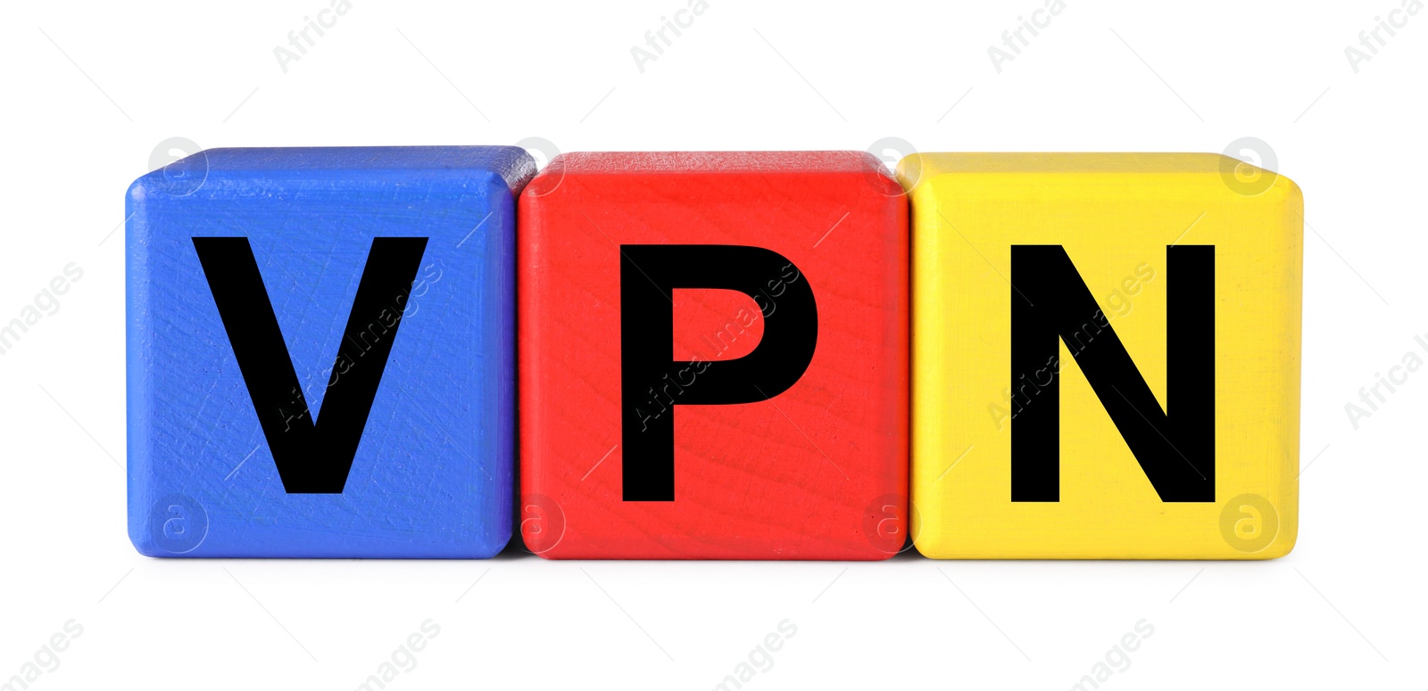 Photo of Acronym VPN (Virtual Private Network) made of colorful cubes isolated on white