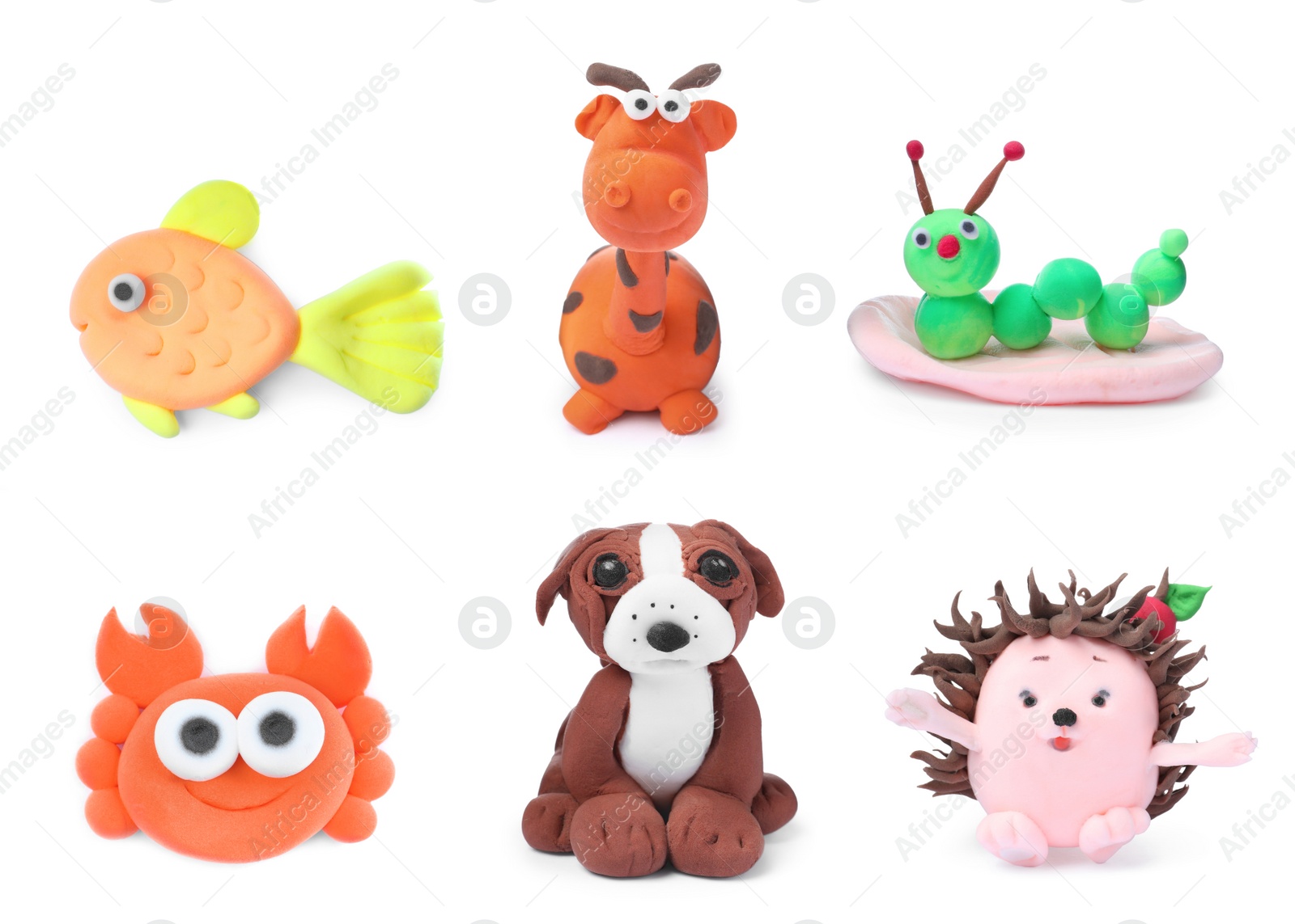 Image of Different animals made from playdough on white background, collage