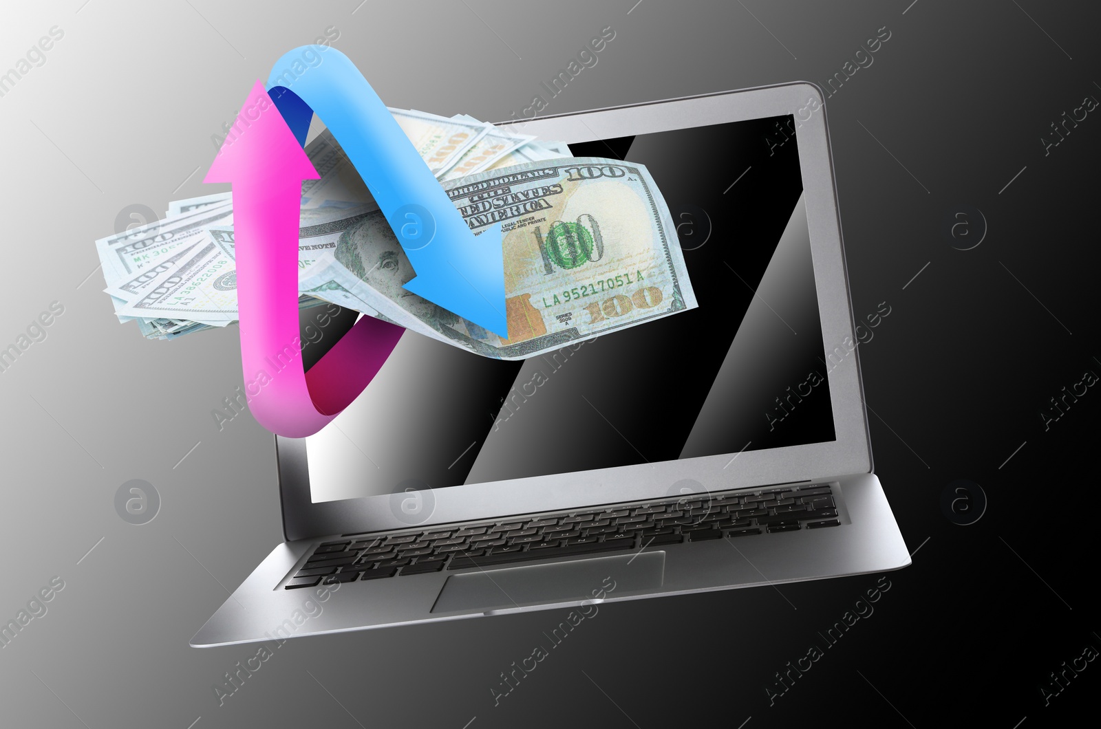 Image of Online money exchange. Pink and light blue arrows pointing in different directions wrapping dollar banknotes over laptop on gradient background