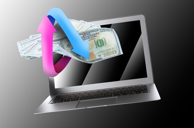 Image of Online money exchange. Pink and light blue arrows pointing in different directions wrapping dollar banknotes over laptop on gradient background