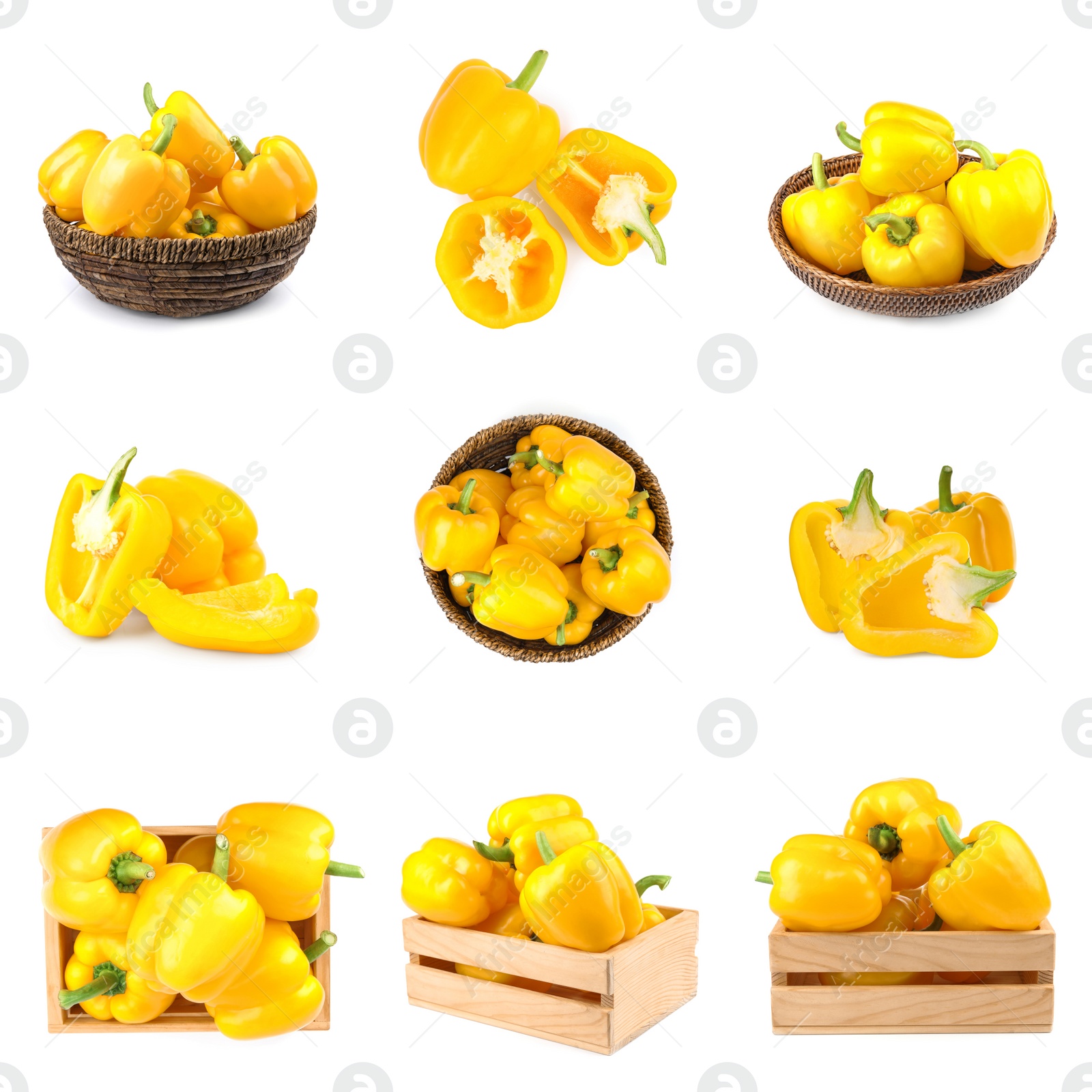 Image of Set of cut and whole yellow bell peppers on white background