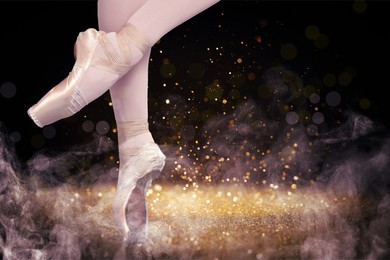 Image of Perfection in ballet. Woman in pointe shoes dancing on black background, closeup. Smoke and sparkles on scene