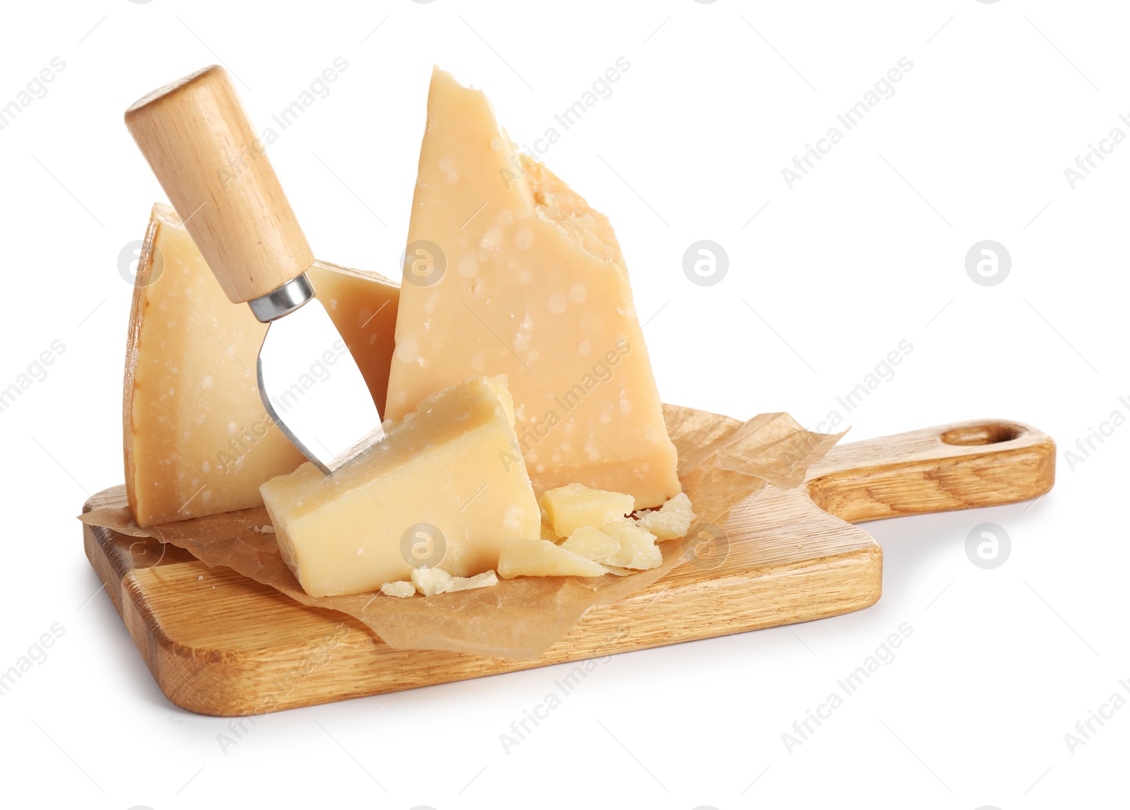 Photo of Pieces of Parmesan cheese and knife on white background