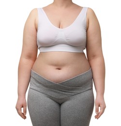 Overweight woman on white background, closeup view