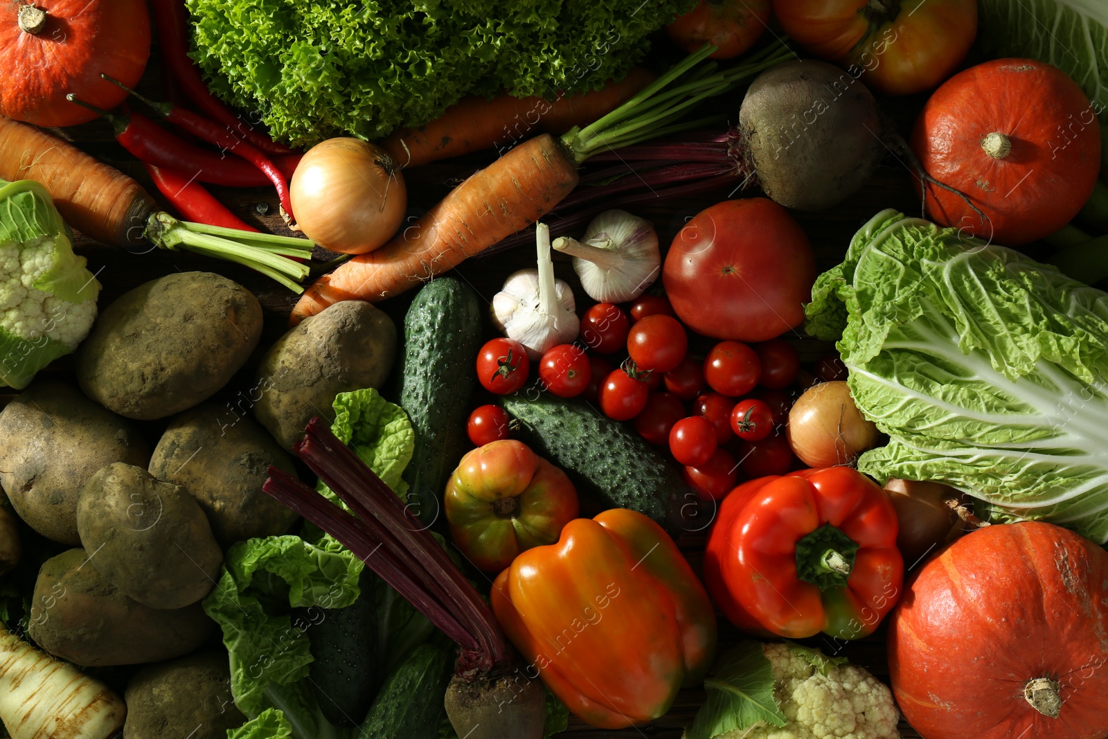 Photo of Different fresh ripe vegetables as background, top view. Farmer produce