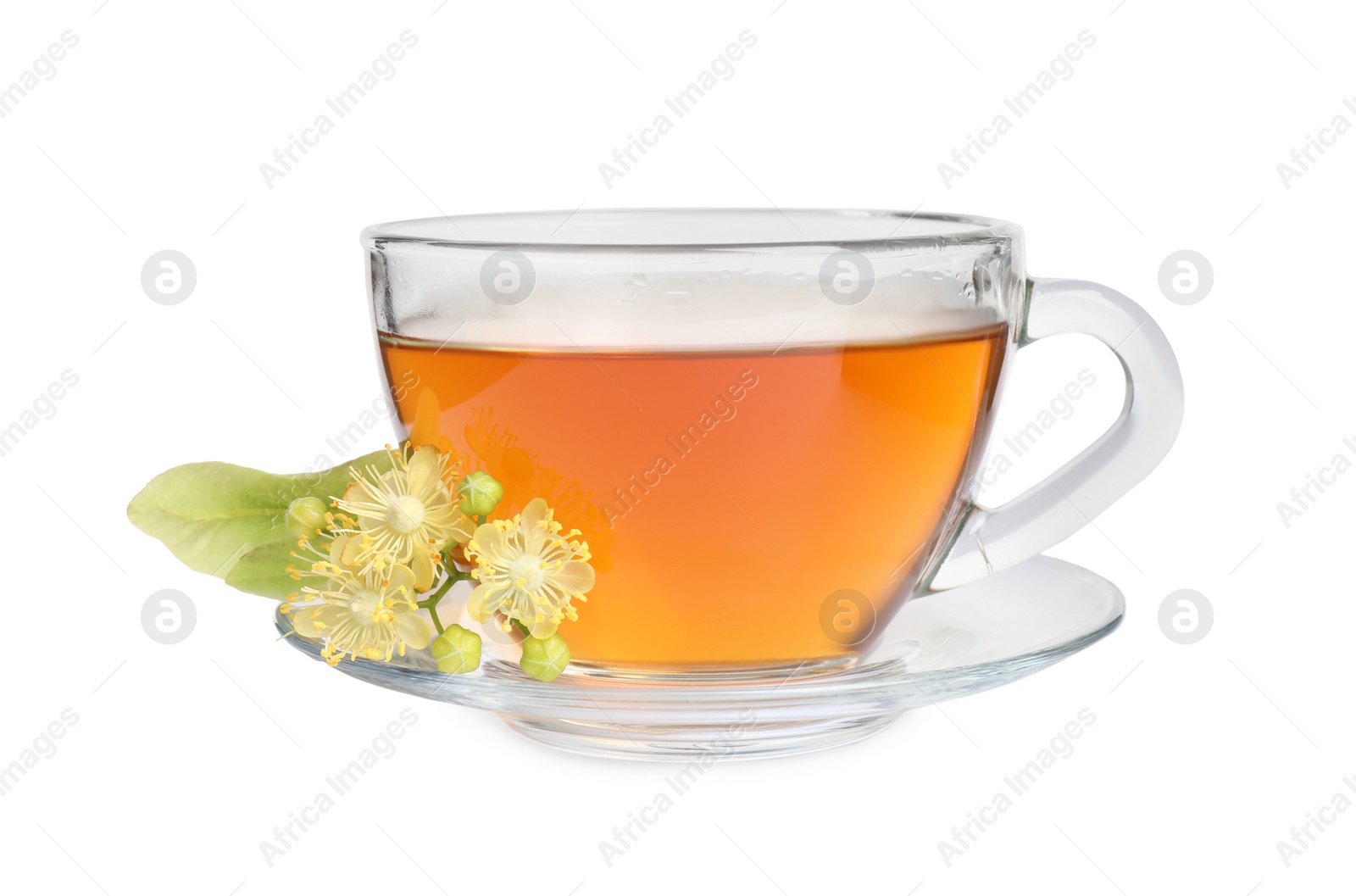 Photo of Cup of tea and linden blossom on white background