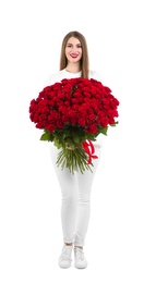 Full length portrait of beautiful woman with bouquet of roses on white background