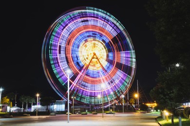 Beautiful glowing Ferris wheel against dark sky