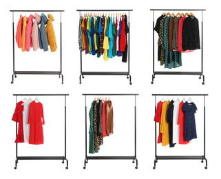 Image of Set of wardrobe racks with different clothes on white background