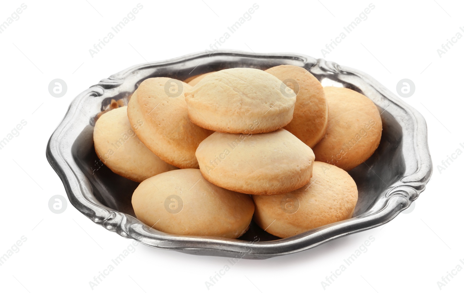 Photo of Dish with cookies for Islamic holidays isolated on white. Eid Mubarak