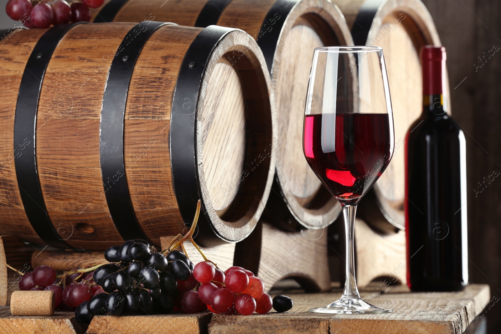 Photo of Winemaking. Composition with tasty wine and barrels on wooden table