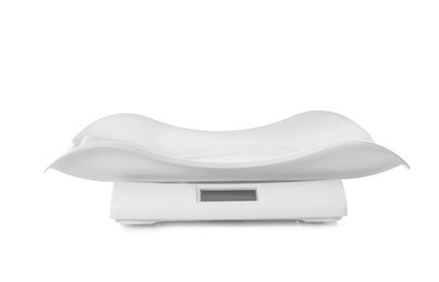 Modern digital baby scales on white background