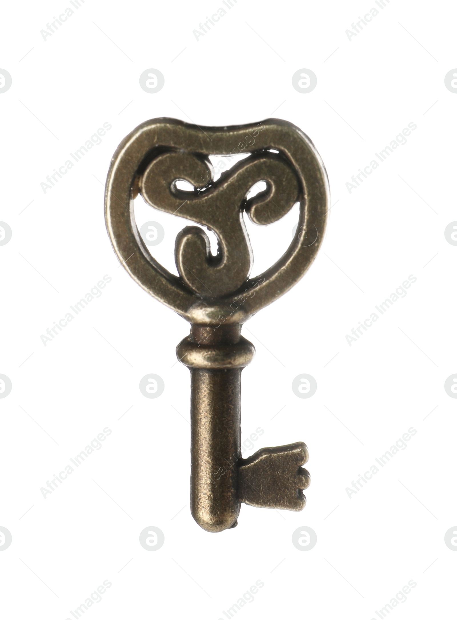 Photo of Bronze vintage ornate key on white background