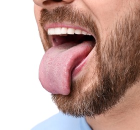 Photo of Man showing his tongue on white background, closeup